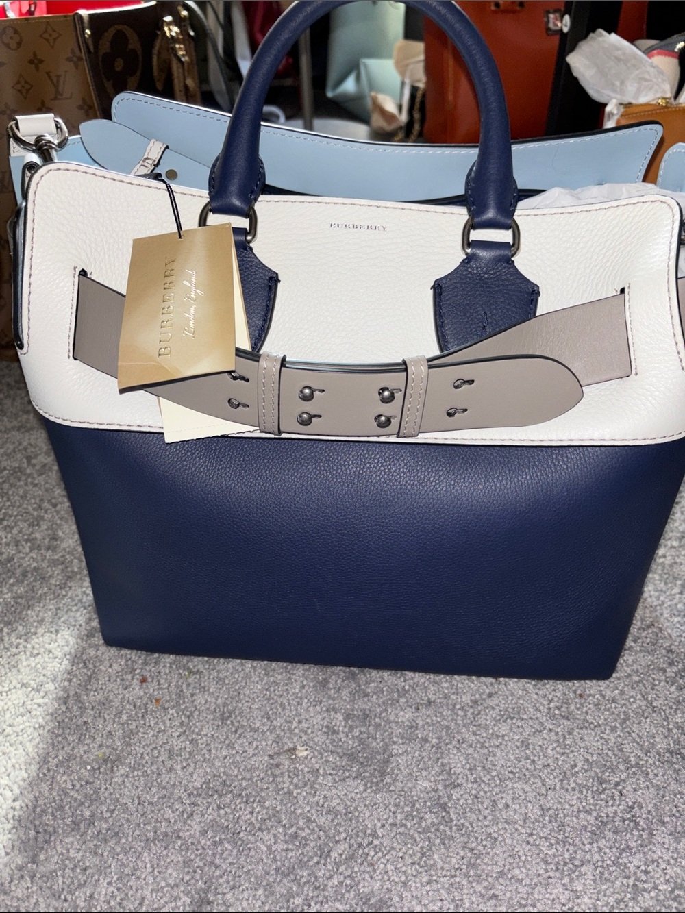 Burberry Navy, White and Gray Leather Tote with Belt Accent - Picture 1 of 9
